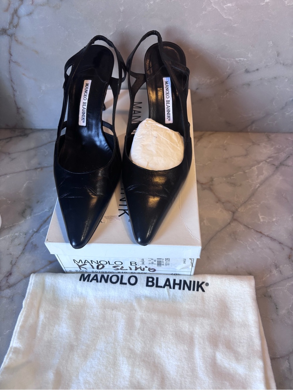 Manolo Blahnik Black Pointed Leather Slingback Heels